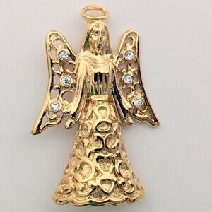 Vintage Statement Monet Gold Tone Angel Brooch with 6 Clear Crystal type stones!